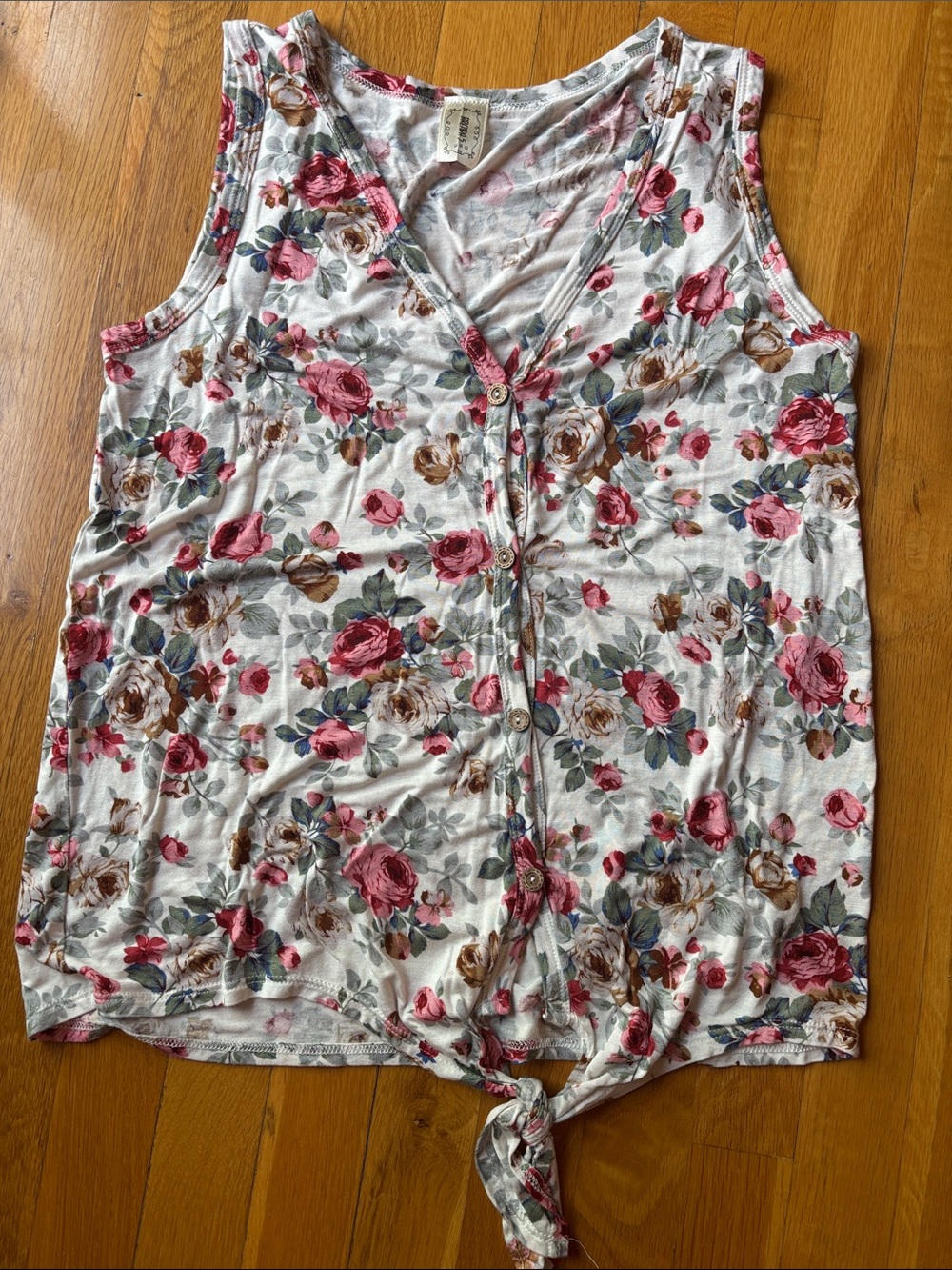 Floral Button-Front Tie Hem Tank Top - White with Pink Floral